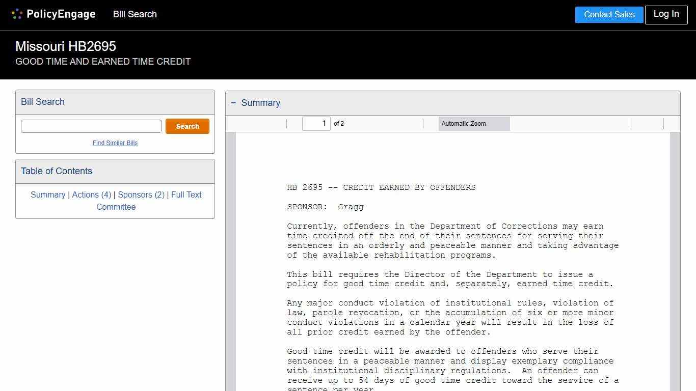 HB2695 Missouri 2026 GOOD TIME AND EARNED TIME CREDIT - Legislative Tracking PolicyEngage
